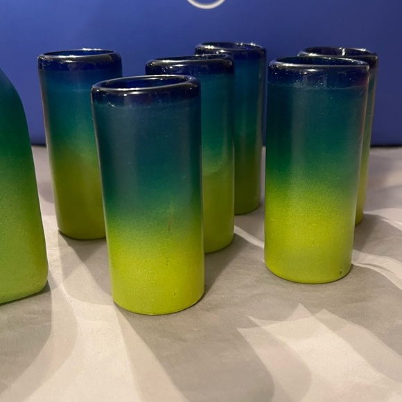 Handblown Mexican Decanter & Shot Glass Set-Painted Ombre Blue/Green/Yellow - Picture 3 of 16